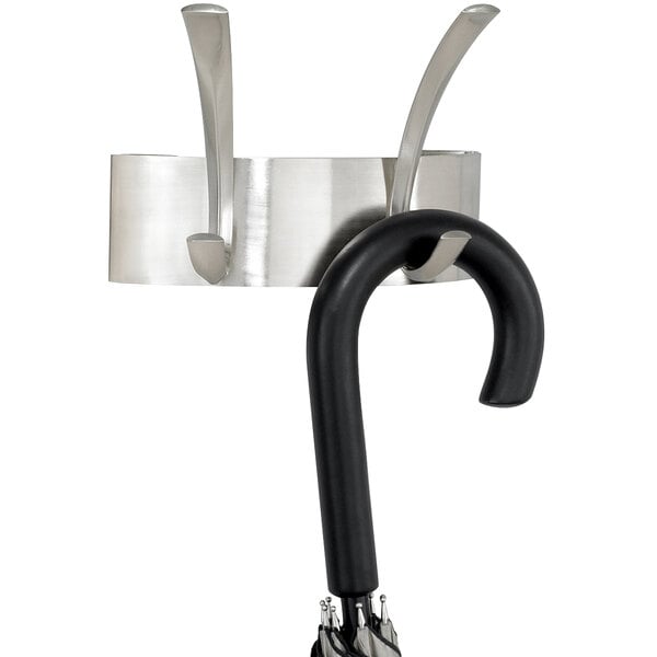 A brushed nickel metal Safco coat hook with 2 pegs.