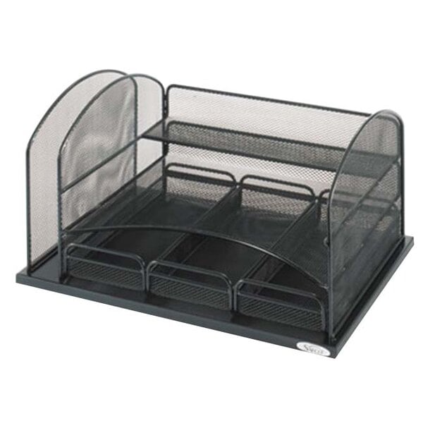 A black wire mesh Safco desktop organizer with six compartments.