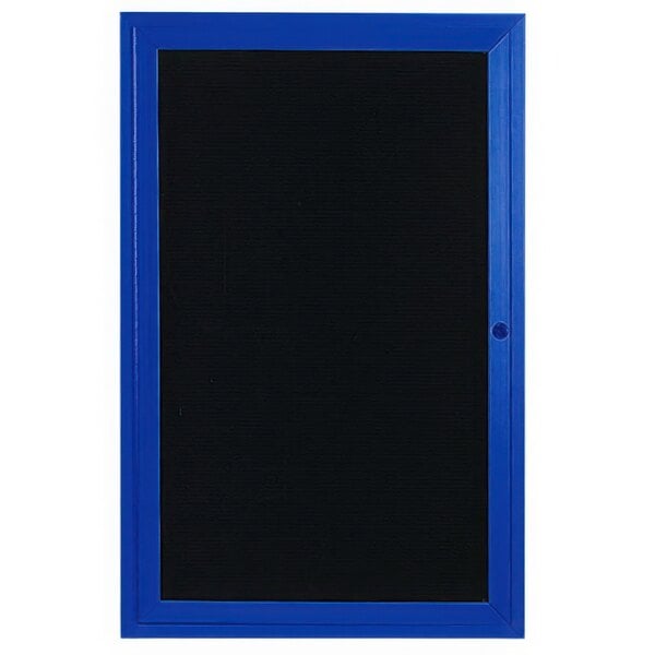 A black board with a blue frame and black letter board inside a blue framed door.