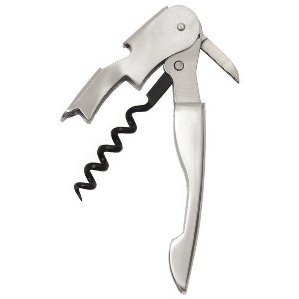 A PullPlus corkscrew with a stainless steel handle opening a cork.