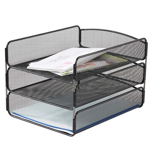 A black steel mesh desk tray organizer with papers in three sections.