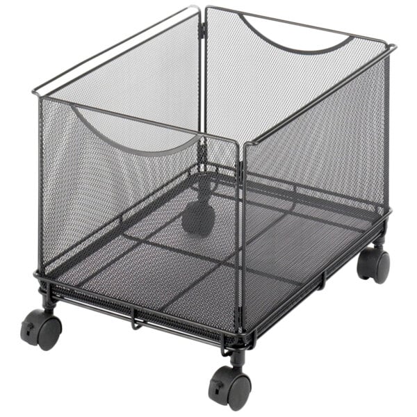 A Safco black mesh mobile file cube with wheels.