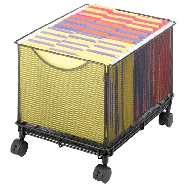 A Safco black mesh file cube with folders on wheels.