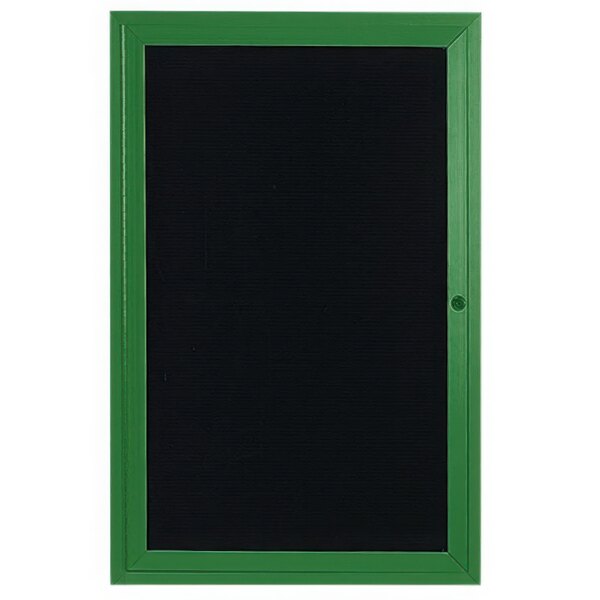 A black board with a green frame and hinged door.
