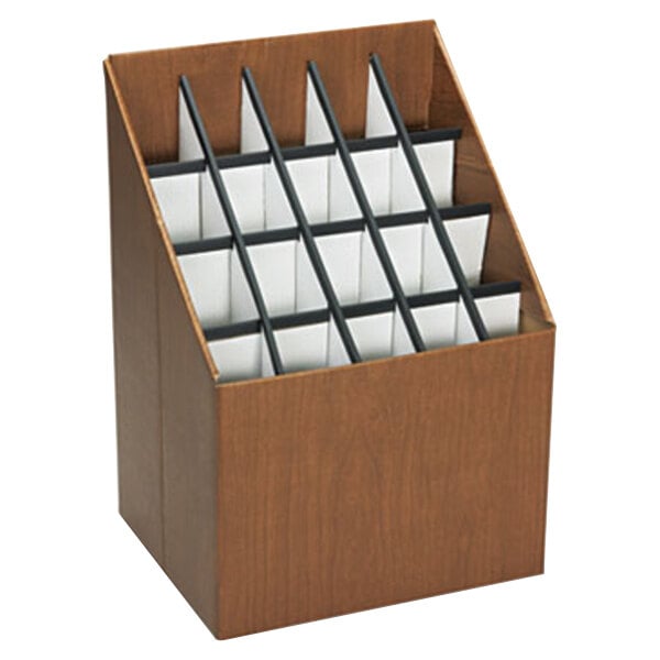 A Safco woodgrain roll file organizer with black and white dividers.