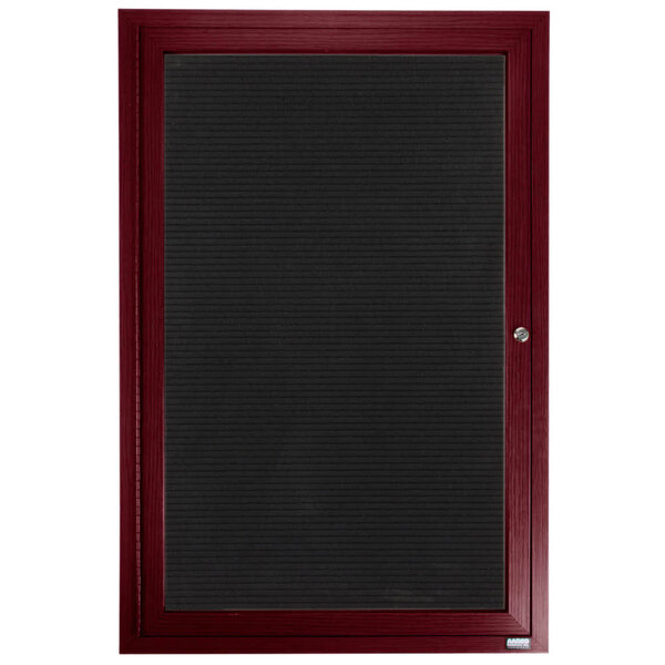 A cherry wood directory board with a black frame and maroon felt inside.