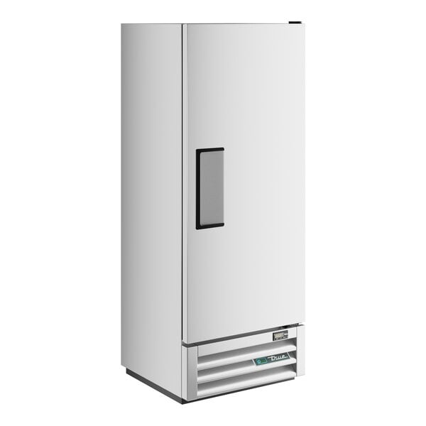 A white reach-in freezer with a black handle.