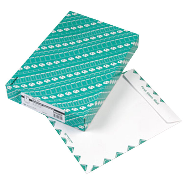 A white box with green and white designs and Quality Park #97 white file envelopes with a U.S. Postal Service border.