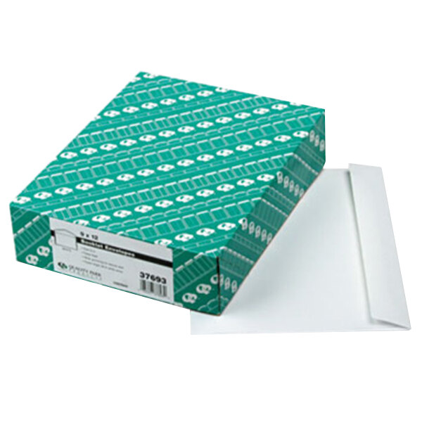 A green box with white writing on it for Quality Park 37693 #90 envelopes.