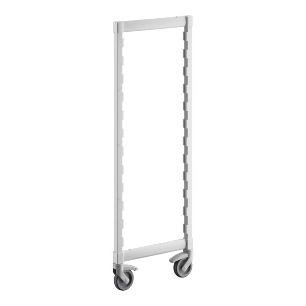 A white rectangular frame with wheels.