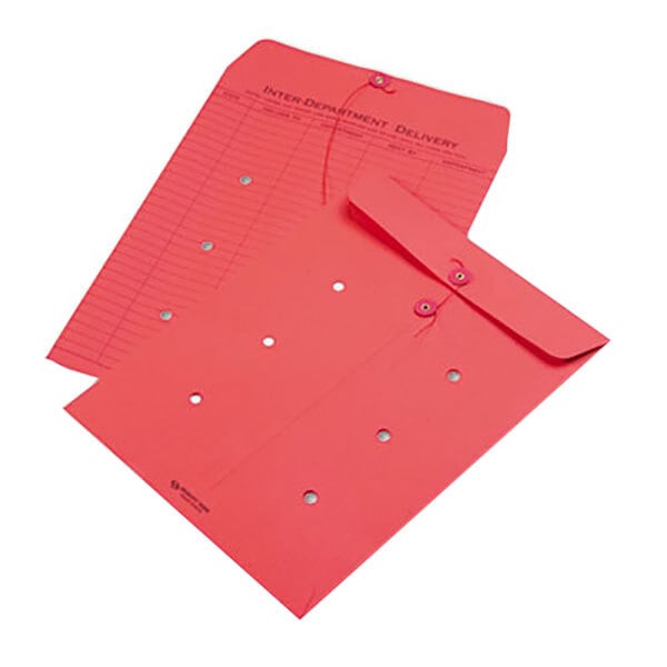 Two red Quality Park interoffice envelopes with string and button closures.