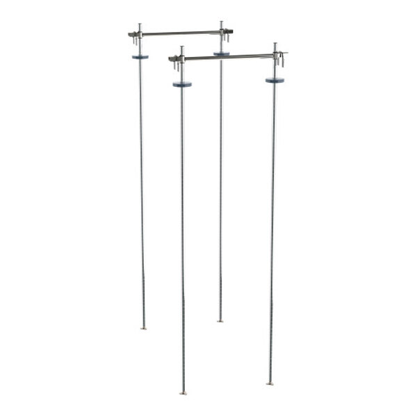 A chrome-plated stationary intermediate shelving unit with double-deep top tracks and four vertical support rods.