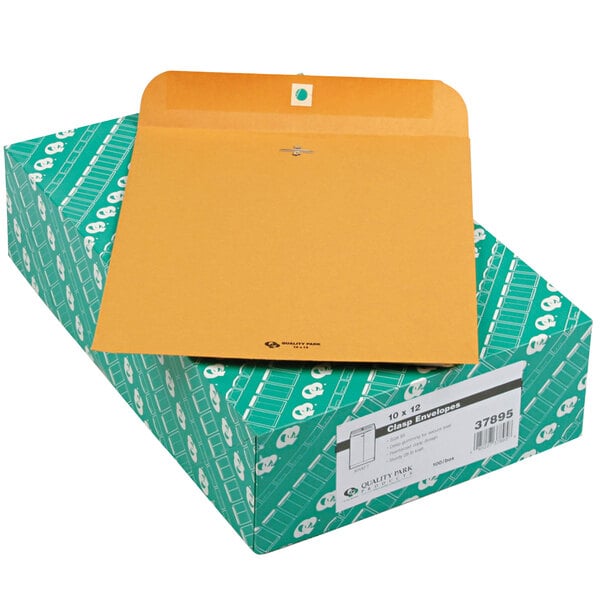 A green box of brown Quality Park #95 envelopes.