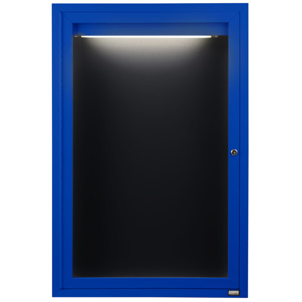 A blue aluminum Aarco outdoor message center with a light on the door.