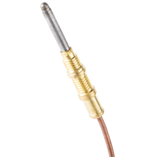 A close-up of a gold and copper Cooking Performance Group thermocouple.