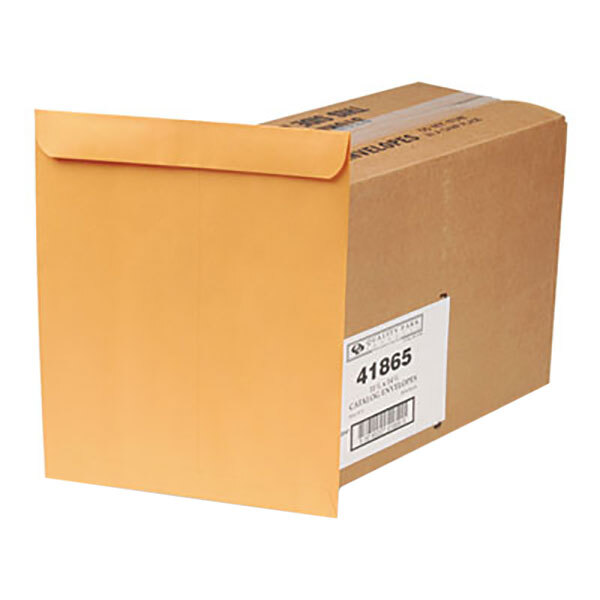 A brown Quality Park file envelope with a white label.