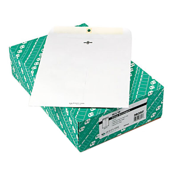 A green box of white Quality Park file envelopes.