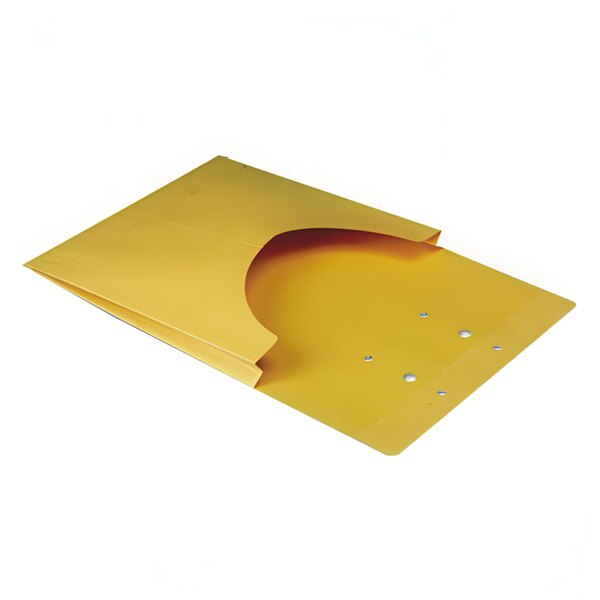 A yellow Quality Park classification pocket envelope with holes and a curved edge.