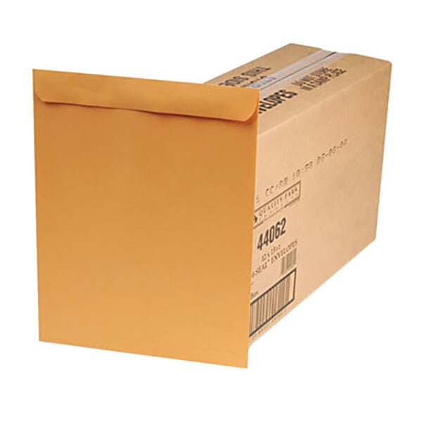 A brown Quality Park file envelope with a redi-seal flap open.