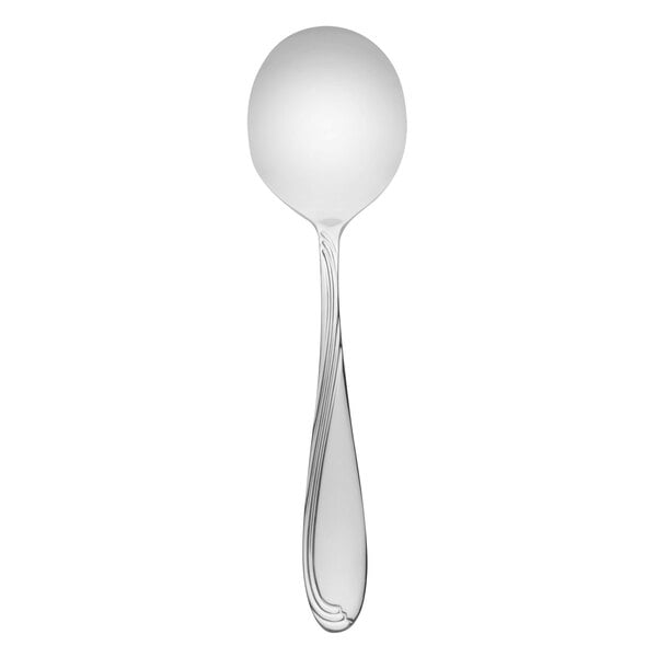 A Oneida Scroll stainless steel bouillon spoon with a white handle.