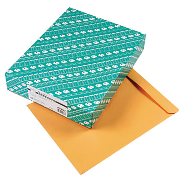 A green and white box of Quality Park brown kraft file envelopes.