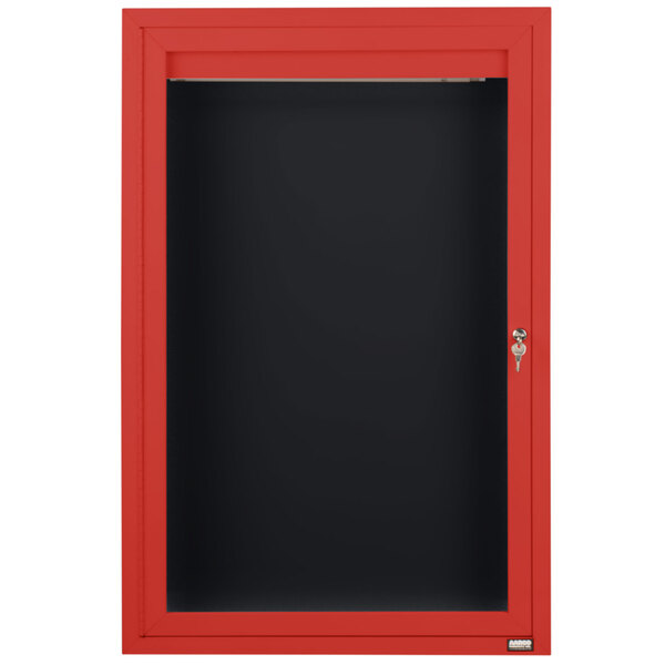 A red aluminum cabinet with a black glass door containing a black letter board.