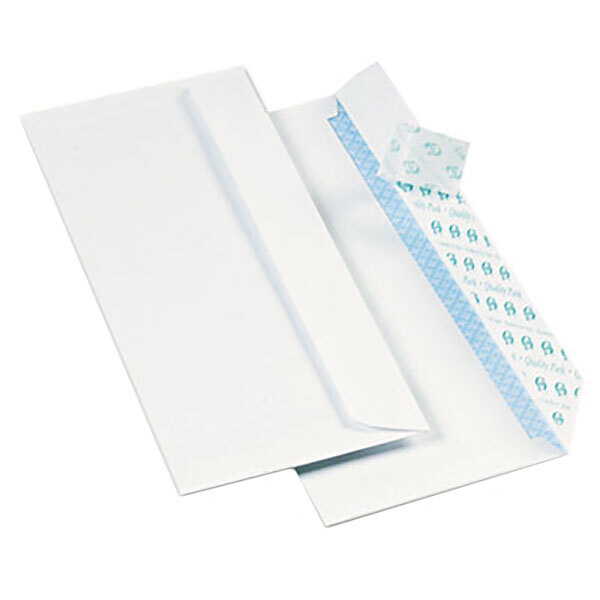 A close-up of a Quality Park white business envelope with blue tape on a white surface.