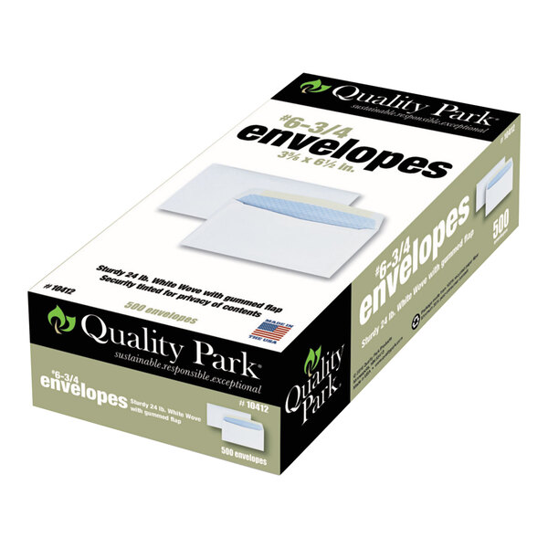 A box of 500 Quality Park #6 3/4 white gummed seal security tinted business envelopes.