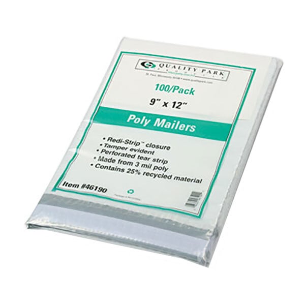 A package of Quality Park white poly mailers with a red and blue label.