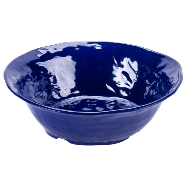 A cobalt blue melamine round catering bowl.