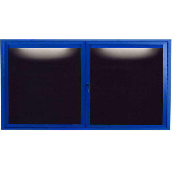 An Aarco blue aluminum enclosed bulletin board with black letter board doors.