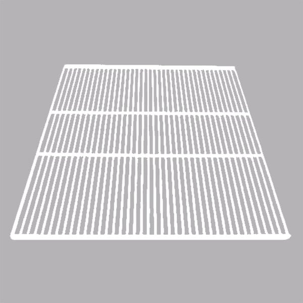 A white coated wire shelf with a grid pattern.