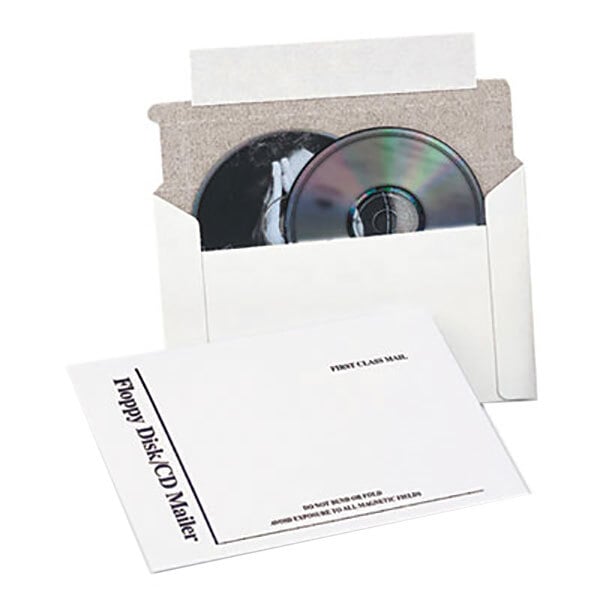 A CD and a CD case in a white Quality Park multimedia mailer with black text.