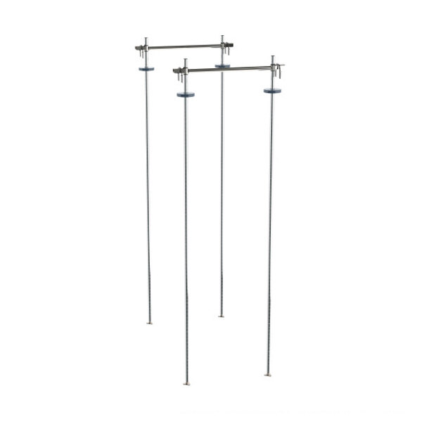 A chrome-plated stationary intermediate shelving unit with four vertical rods and two horizontal bars designed for double-deep top-track shelving systems.