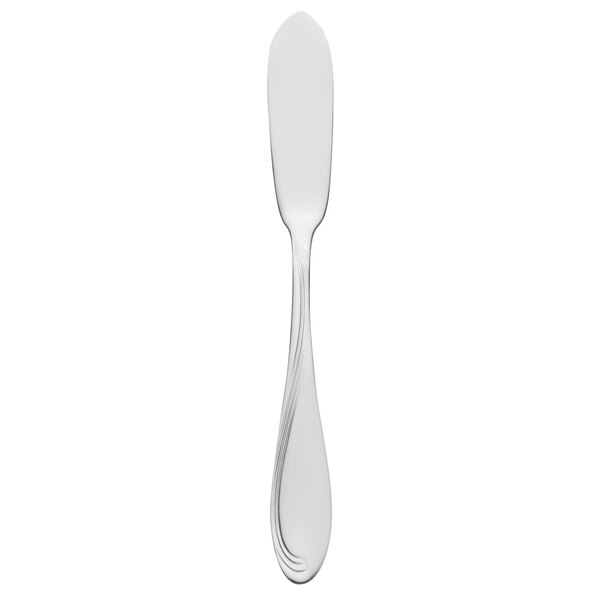 A silver butter knife with a black border on a white background.