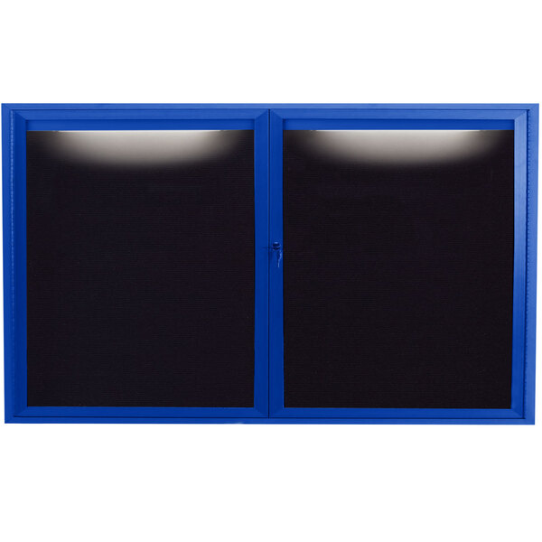 An Aarco blue aluminum bulletin board with black letter board behind two blue doors.