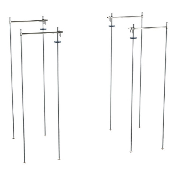 A set of chrome-plated stationary shelving end units with double-deep top tracks.
