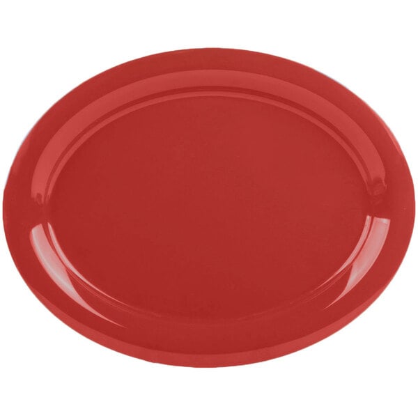 A cranberry oval platter with a white border.