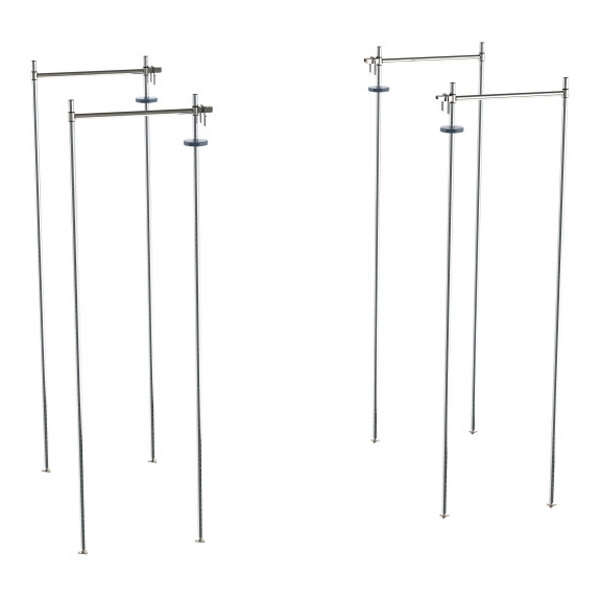 A set of chrome-plated stationary shelving end units designed for double-deep top-track shelving systems.