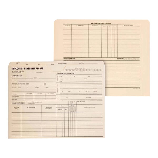 Quality Park manila letter size employee record folders with forms inside.