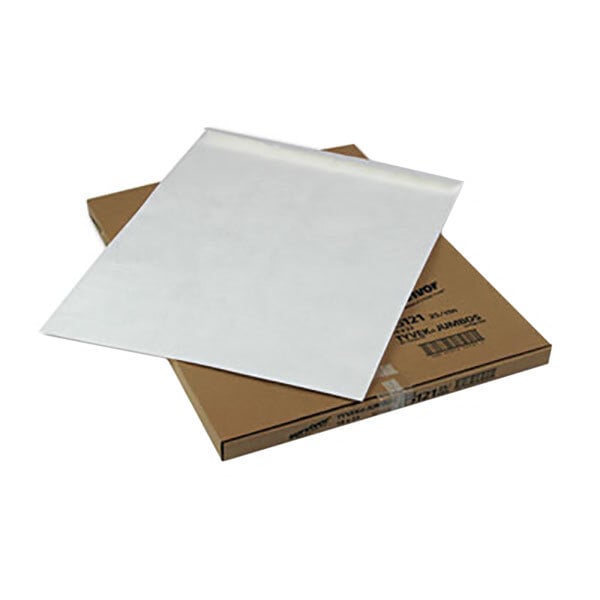 A white Tyvek jumbo mailer on top of a brown box.