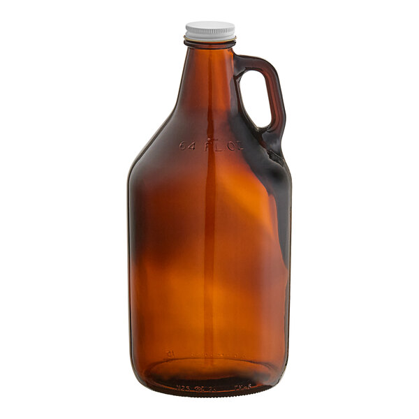 A brown glass Libbey growler with a handle.