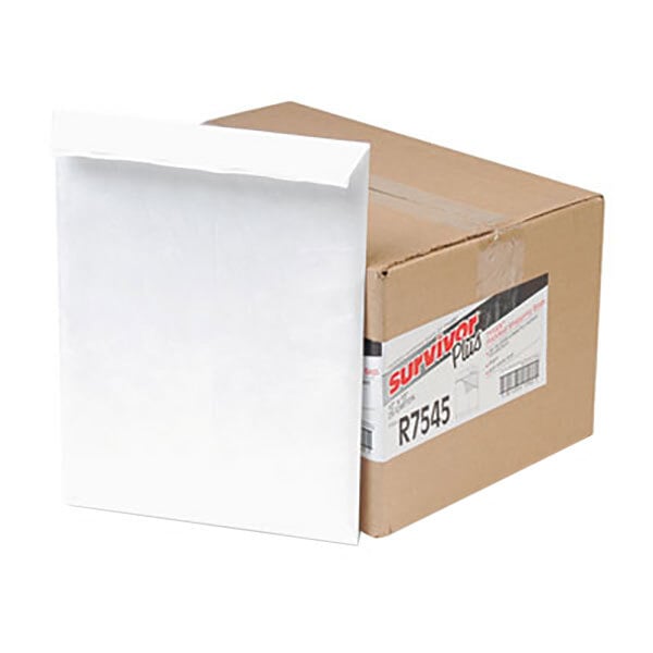 A brown box with a white label containing Survivor Tyvek white air bubble mailers.