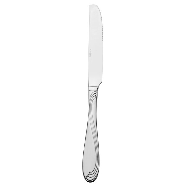 A silver dinner knife with a white background.