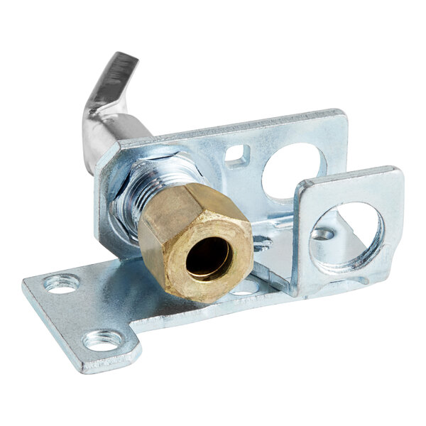 A metal and brass bolt with a metal latch on it.