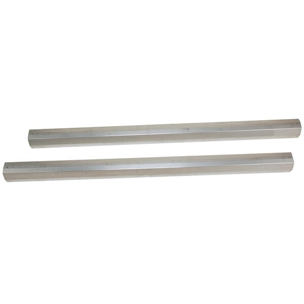 A pair of silver metal rods with white rectangular floor pads on each end.