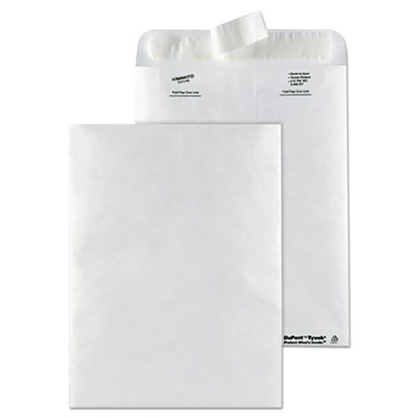 A box of white Tyvek envelopes with black text on the label.