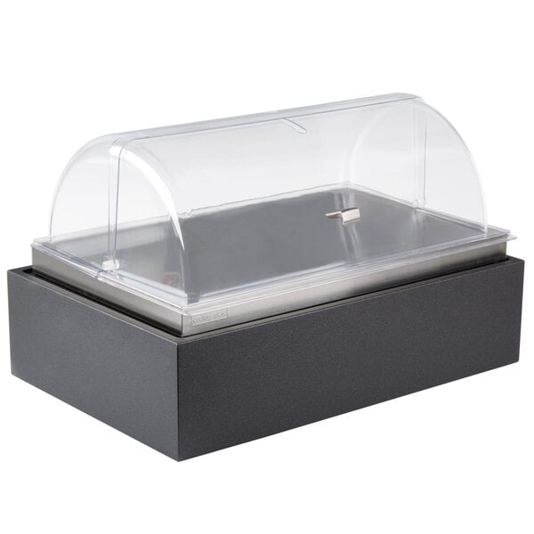 A black base with a clear lid on a Vollrath Cubic display.
