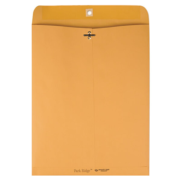 A brown Quality Park envelope with a clasp and gummed seal.