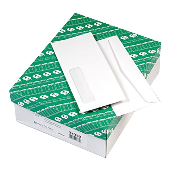 A white Quality Park business envelope with a transparent window.